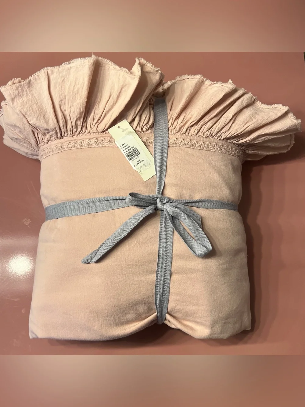 Anthropologie Organic Cotton Spa Sateen Ruffled Duvet Cover, Blush, Queen